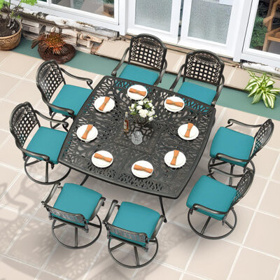 Bloomsbury Market 9-Piece Outdoor Patio Dining Set All Weather Cast Aluminum Patio Funiture Table And Chairs Set- Large 64\