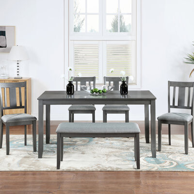 6 Dining Table In Gray, Rectangular Wooden With 4 Upholstered Chairs And Bench, For Home Design Inspiration Gray Chair , Seats Upgrade
