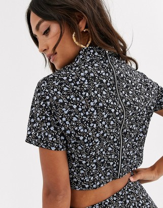 In The Style x Dani Dyer ditsy print cut out detail crop top two-piece