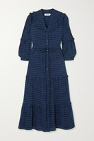 Thumbnail for your product : Cefinn Suki Ruffled Tiered Checked Organic Cotton And Lenzing Ecovero-blend Seersucker Midi Dress - Navy - UK 8