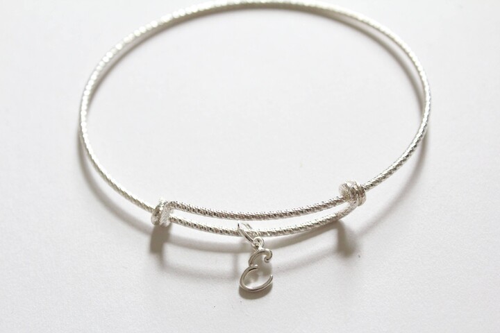 Etsy sterling Silver Cursive E Charm Bracelet Adjustable Textured Bangle