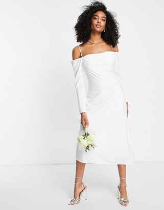 Forever New Bridal cold shoulder cowl midi dress with thigh split in ivory