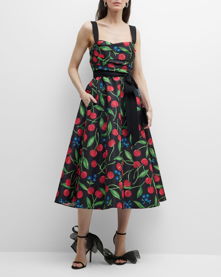Carolina Herrera CherryPrint Draped Sash Midi Dress ShopStyle