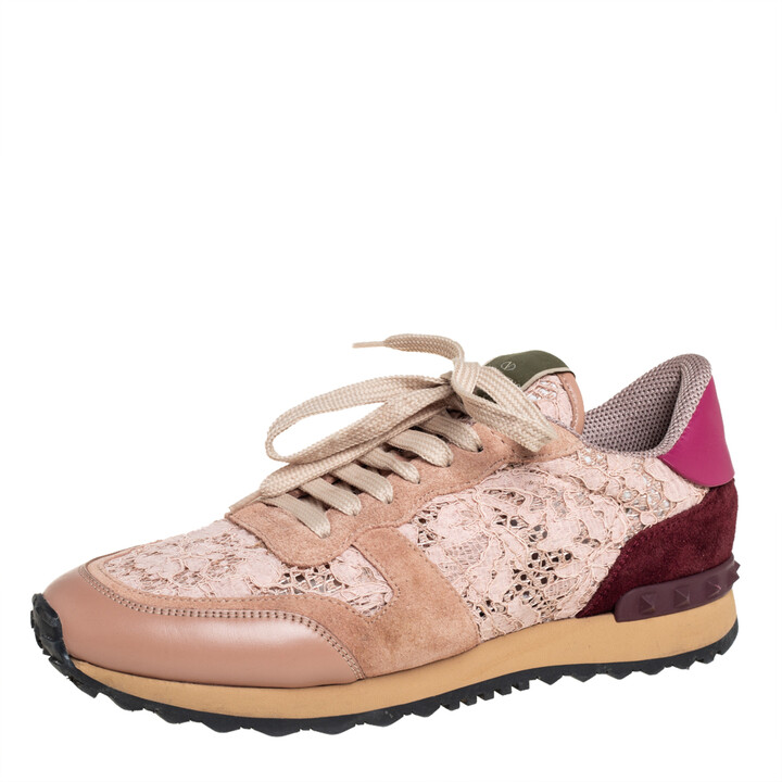 Valentino Pink Lace And Leather Rockrunner Sneakers Size 39.5 - ShopStyle