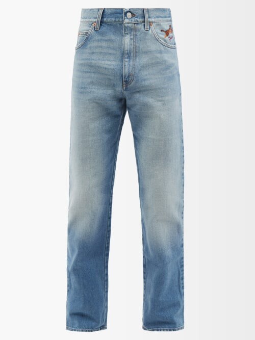 Gucci Logo-embroidered Distressed Jeans - Blue - ShopStyle