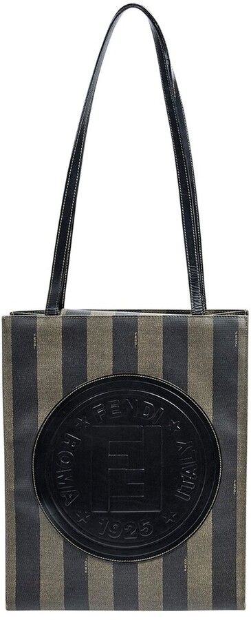 Fendi Bauletto Pequin Stripe Canvas Black Grey Vintage Satchel Purse Boston  Bag