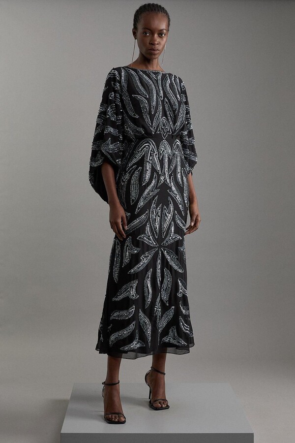 Karen Millen Petite Kimono Sleeve Embellished Woven Maxi Dress