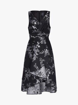 Adrianna Papell Pleated High Low Floral Midi Dress, Black/Silver