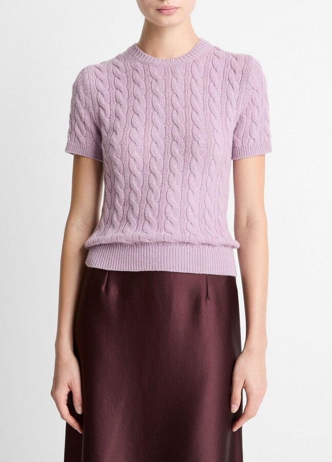 Vince Cable-Knit Wool & Cashmere-Blend Short-Sleeve Sweater