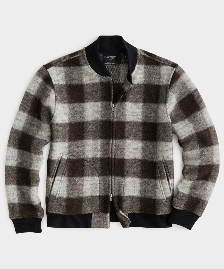 Todd Snyder Brushed Buffalo Check Zip Bomber Jacket in Espresso Bean