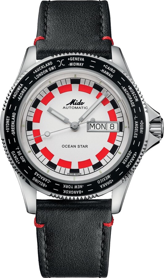 MIDO Ocean Star Worldtimer - Swiss Automatic Watch for Men - Retro Style Red and Black Chequered Dial with Day