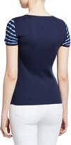 Thumbnail for your product : Neiman Marcus Superfine Jewel-Neck Short-Sleeve Ruffle Stripe Cashmere-Blend Top