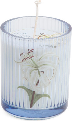 TJMAXX 11.3Oz Ribbed Glass With Front Back Lily Decals Candle