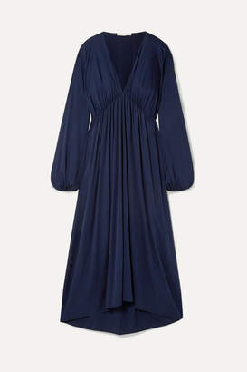 The Row Sasha Gathered Silk-blend Satin Midi Dress - Navy