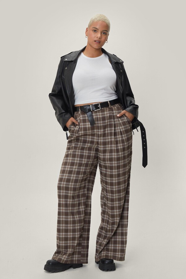 Nasty Gal Womens Plus Size Brown Check Wide Leg Trousers - ShopStyle