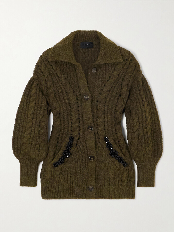 Simone Rocha Embellished Metallic Cable-knit Cardigan - Green