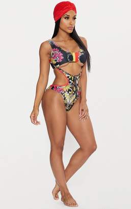 PrettyLittleThing White Baroque Under Bust Cut Out Swimsuit