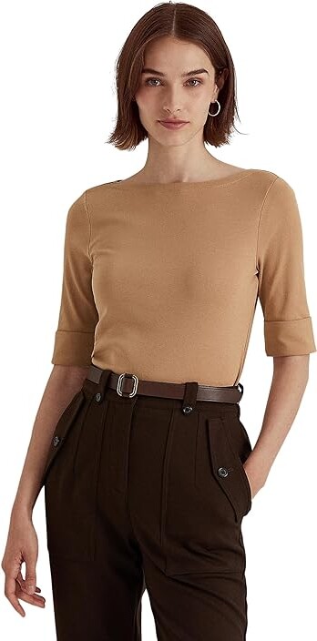 Lauren Ralph Lauren Stretch Cotton Boat Neck T-Shirts Women's T Shirt Classic Camel : LG, Cotton/Elastane