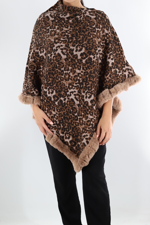 La Fiorentina Animal Print Poncho with Stones/Faux Fur