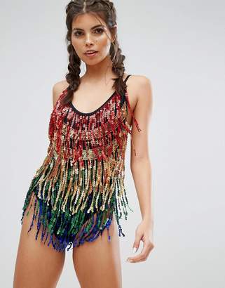 Jaded London Rainbow Sequin Fringe Swimsuit