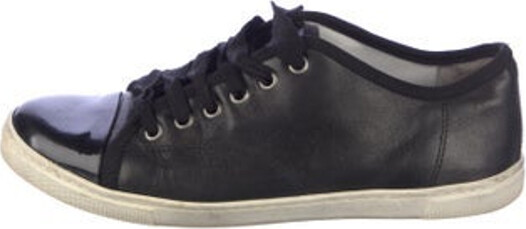 Lanvin Leather Low Top Sneakers Black, Metallic & Silver Round-Toes with Grosgrain Trim Lace-Up Closure at Uppers Unfortunately, due to restrictions, this item may not be eligible for shipping in all areas. | Lanvin Leather Grosgrain Trim Sneakers in Black/Metallic/Silver, Women's IT 38 | 8