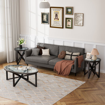 Latitude Run 3 - Piece Glass Top Living Room Table Set Solid Wood Frame.