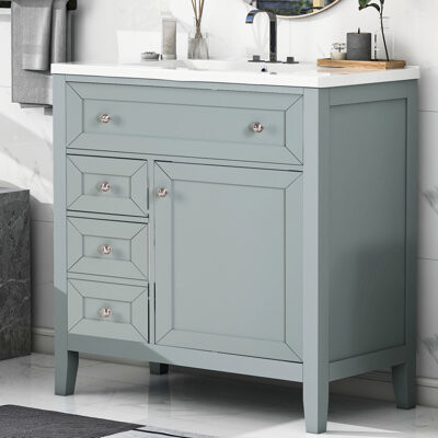 Solid Wood Bathroom Vanity In Gray, Ceramic Undermount Sink, Triple Storage, 12" Soft-close, Non-slip Pads, Of Soft-close Slides, Smooth Drawer Moveme