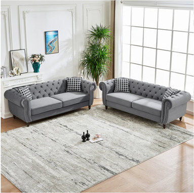 House of Hampton 3+3 Seater Chesterfield ?Velvet Upholstery Fabric Sofa With Roll Armrest & Nailhead,Upholstered Mid Century Modern Couch,3 Seater & 3 Seater Couch For