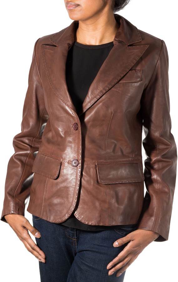 Ladies Classic Casual Brown Real Leather Fashion Blazer Jacket 