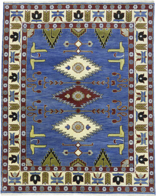 ADMINRUGS Rectangle Blue Geometric 8X10 Kazak Oriental Wool Area Rug