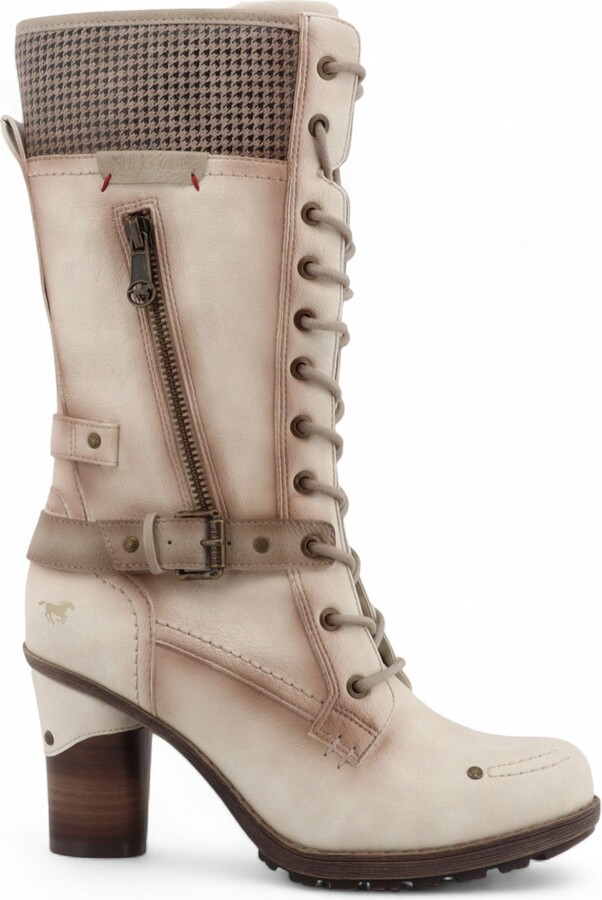 Mustang Women's Cream White Mid-Calf Lace Up Heeled Combat Boots