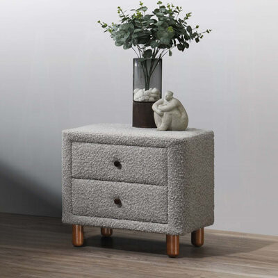 Corrigan Studio Classic Gray Two Drawers Nightstand 1pc Wooden Legs Plush Boucle Upholstered Bedroom Furniture