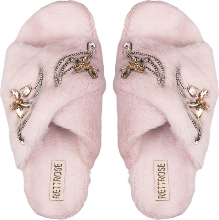 Rettrose Zoey Dusky Pink Luxury Plush Diamanté Embellished Handmade Slipper