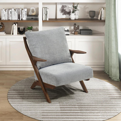 Mid-Century Modern Style Accent Chair 1pc Brown Solid Rubberwood Frame Comfort Seat Cushion Gray Chenille Upholstery Living Room Furniture