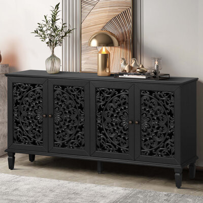 Farm on table 60 Inch Antique Buffet Cabinet With Floral Carvings, Solid Wood Legs, Adjustable Shelves, And Antique Brass Handles For TV Stand And Sideboard