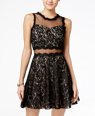 Speechless Juniors' Illusion Sequined Lace Fit & Flare Dress