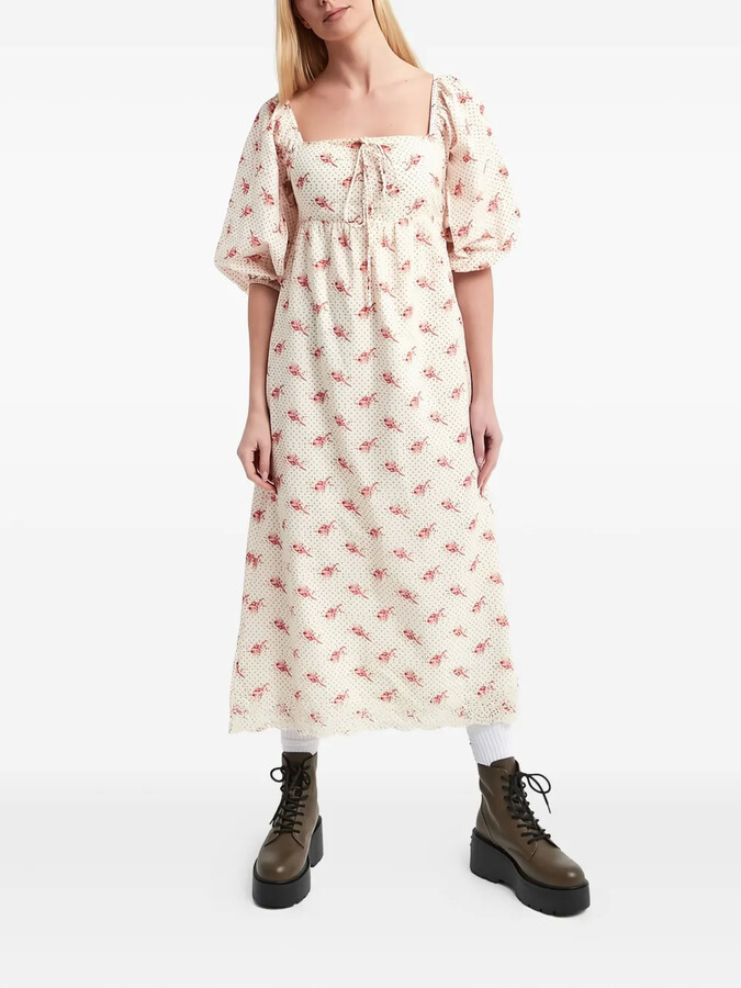 Notes du Nord Puff-Sleeve Floral-Print Midi Dress