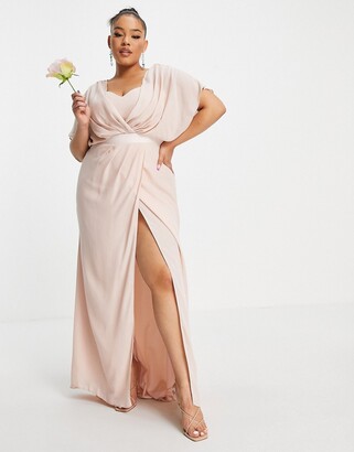 ASOS Curve ASOS DESIGN Curve Bridesmaid short-sleeved cowl front maxi dress with button-back detail in blush