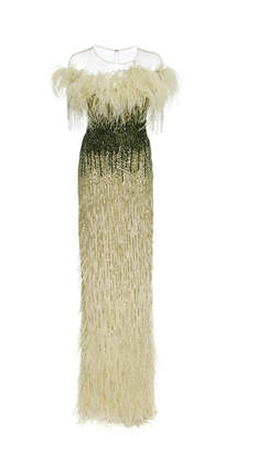 Pamella Roland Ostrich Feather Embellished Sequin Gown
