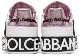 Dolce & Gabbana White and Pink Velvet Queen Portofino Sneakers
