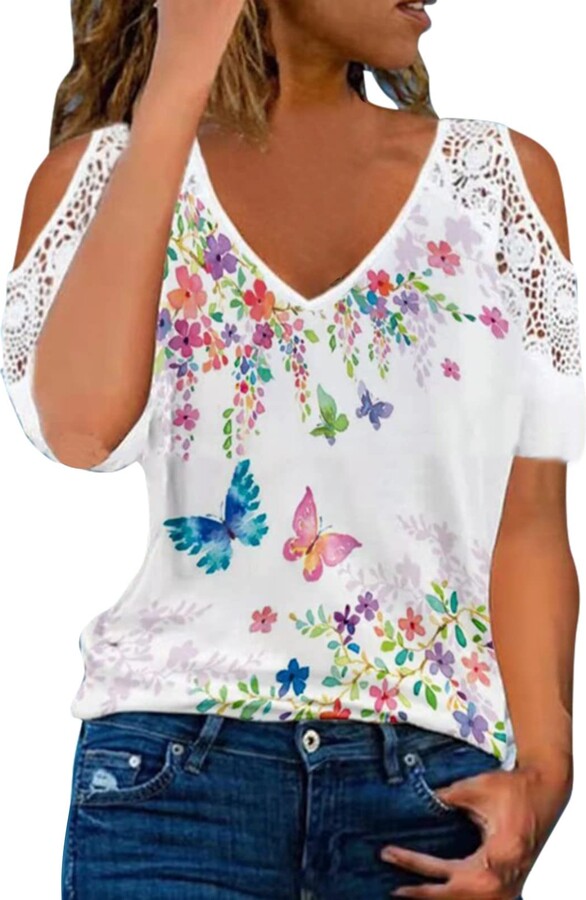 Womens Summer Tops Shirt V Neck Short Sleeve Cold Shoulder Tshirts Casual Blouse 