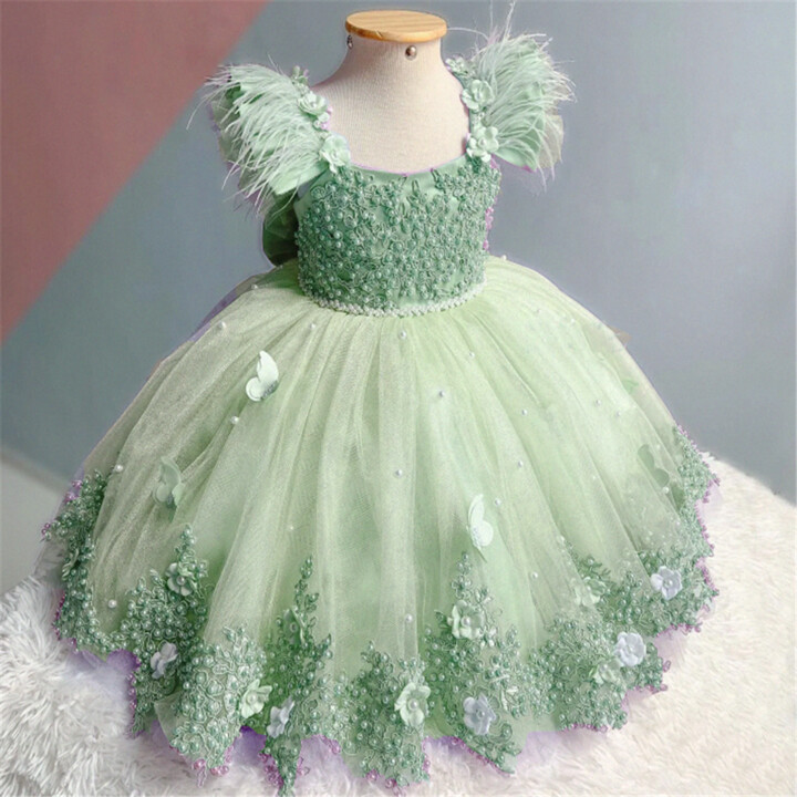 gdybao Elegant Applique Flower Girl Dress Wedding Butterfly Feather luxury With Pearls Bow Puffy Tulle First Communion Gown Birthday