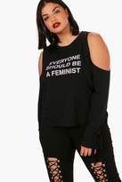Thumbnail for your product : boohoo Plus Emma Feminism Open Shoulder Sweat Top