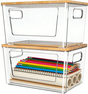 Linte Furniture 2-Pack Stackable Trash Bag Holder With Bamboo Lid For Kitchen And Laundry