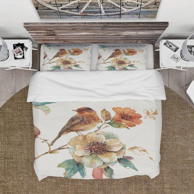 Design Art Farmhouse Bird on Flower Branch Duvet Cover Set