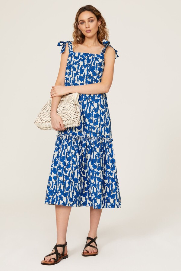 Drop Waist Tie Shoulder Dress Blue-white-print
