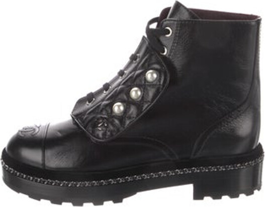 Chanel Black Leather Cc Logo Combat Boots