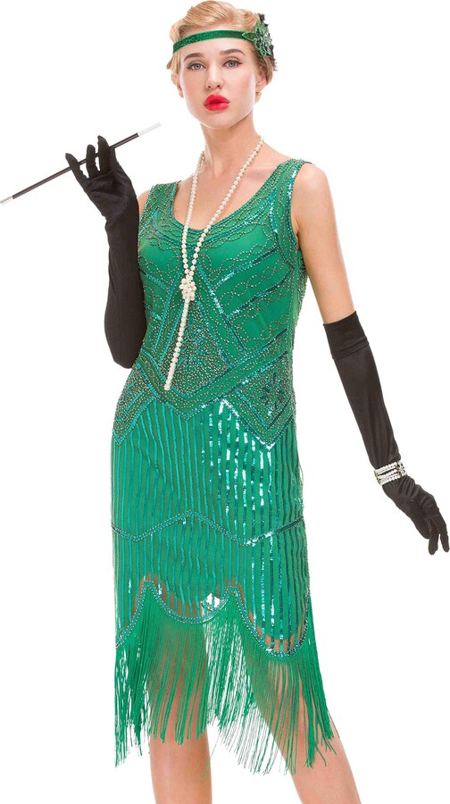 GVOICE Women's 1920s Vintage Dress Fringed Great Gatsby Dress (Green