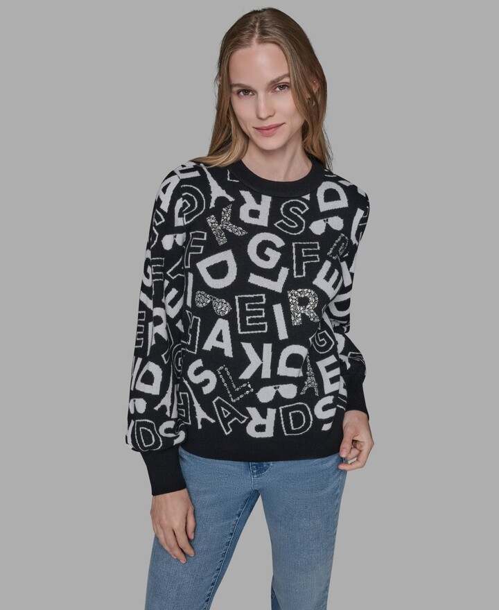 Karl Lagerfeld Paris Women's Printed Long Sleeve Sweater - Black/soft White