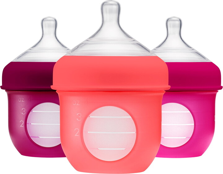 Boon Nursh Reusable Silicone Pouch Baby Bottle, Air-Free Feeding, Pink Multi Pack 4 Oz 3 Pk